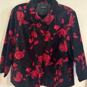 Talbots Jacket Blazer Sz 16 Black & Red Rose Hidden Button Artsy Career